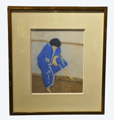 Pierre Boncompain pastello Donna in kimono blu 1980 circa