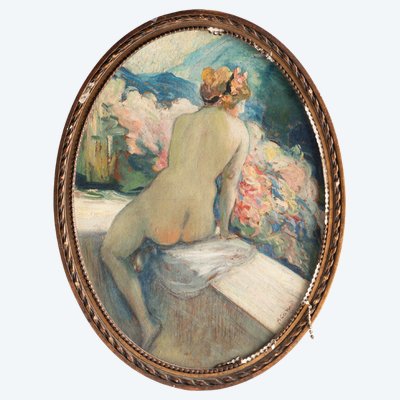 Antoine Calbet (1860 - 1944),  donna nuda seduta, olio su cartone, XX secolo