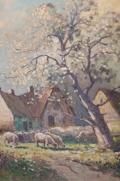 "troupeau De Moutons à La Ferme", Oil on Isorel Signed Brigitte Langevin