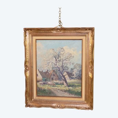 "troupeau De Moutons à La Ferme", Oil on Isorel Signed Brigitte Langevin