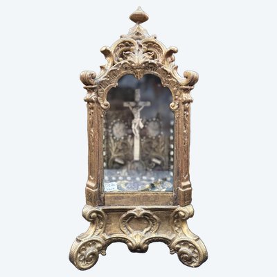 Baroque Reliquary in gilded wood - Crucifix under glass - 18th century