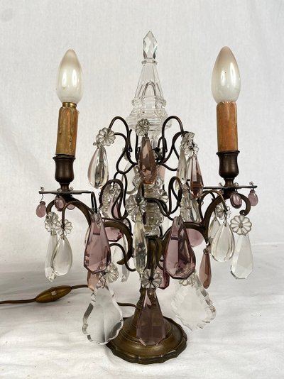 Pair of bronze girandoles with pendants
