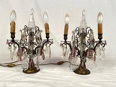 Pair of bronze girandoles with pendants