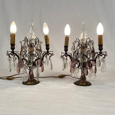 Pair of bronze girandoles with pendants
