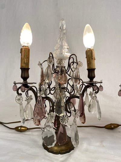 Pair of bronze girandoles with pendants