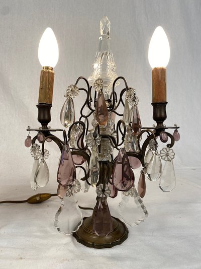 Pair of bronze girandoles with pendants
