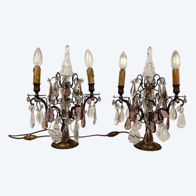 Pair of bronze girandoles with pendants