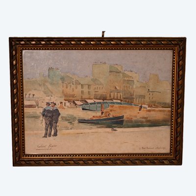 Aquarelle Du Port De Cherbourg Signed Gabriel Rogier