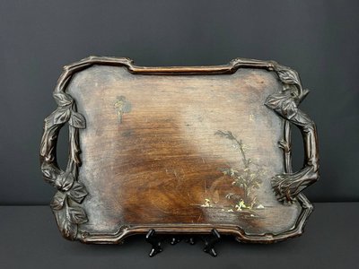 Service à thé chinois ancien en coco et argent, avec plateau en bois sculpté
