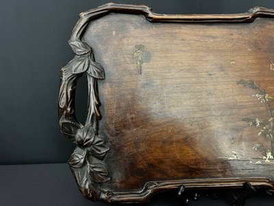 Service à thé chinois ancien en coco et argent, avec plateau en bois sculpté