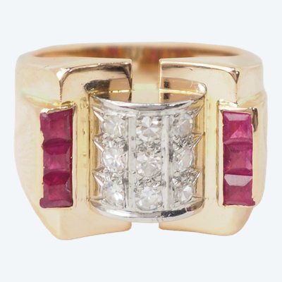 Anello Tank in oro rosa, rubini e diamanti