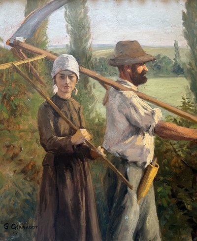 Pittura HST Georges M. J. GIRARDOT (1856-1914) "Coppia di mietitori" 1907