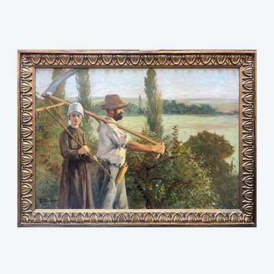 Pittura HST Georges M. J. GIRARDOT (1856-1914) "Coppia di mietitori" 1907