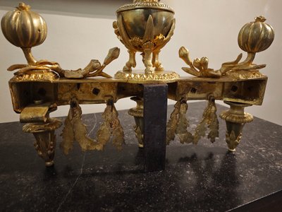 Pair of gilt bronze Chenets with Antique style Pots in the Louis XVI style 19th century