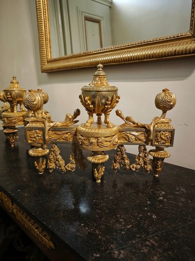 Pair of gilt bronze Chenets with Antique style Pots in the Louis XVI style 19th century