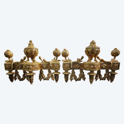 Pair of gilt bronze Chenets with Antique style Pots in the Louis XVI style 19th century