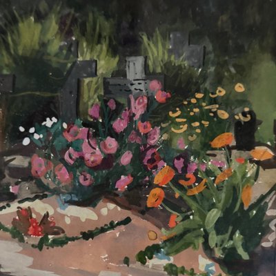Gouache on paper, flowery cemetery of the Benedictines of Craon 1945