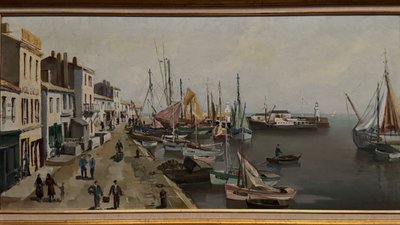 Olio su tavola di Yvon Dieulafé raffigurante un porto del XX secolo