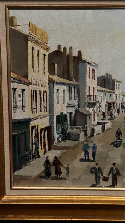 Olio su tavola di Yvon Dieulafé raffigurante un porto del XX secolo