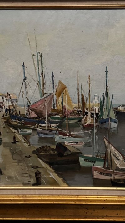 Olio su tavola di Yvon Dieulafé raffigurante un porto del XX secolo