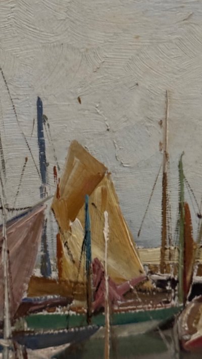 Olio su tavola di Yvon Dieulafé raffigurante un porto del XX secolo