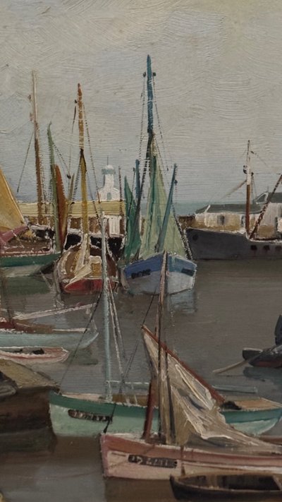 Olio su tavola di Yvon Dieulafé raffigurante un porto del XX secolo