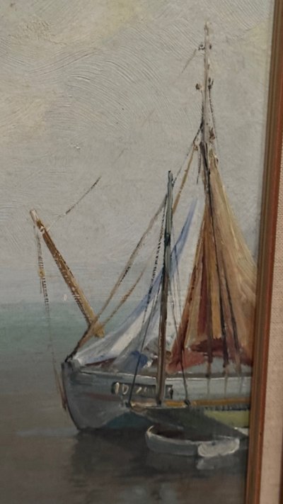 Olio su tavola di Yvon Dieulafé raffigurante un porto del XX secolo