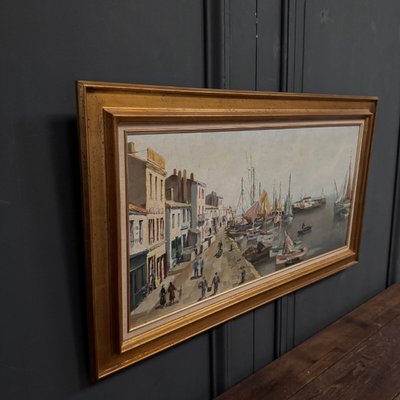 Olio su tavola di Yvon Dieulafé raffigurante un porto del XX secolo