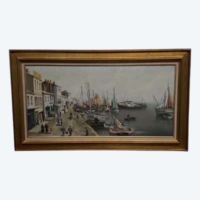 Olio su tavola di Yvon Dieulafé raffigurante un porto del XX secolo