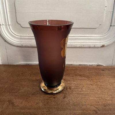 Frosted Shneider vase with pink background and gold vine leaves