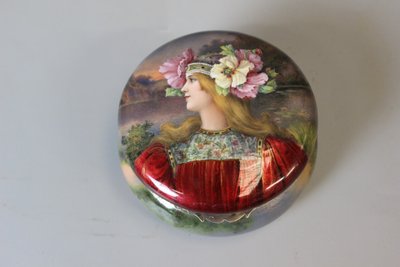 Art nouveau enamelled box, woman with flowers circa 1900