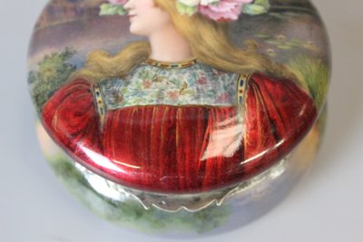 Art nouveau enamelled box, woman with flowers circa 1900