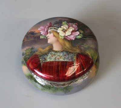 Art nouveau enamelled box, woman with flowers circa 1900