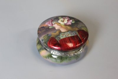 Art nouveau enamelled box, woman with flowers circa 1900