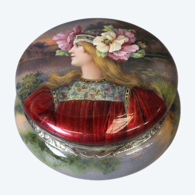 Art nouveau enamelled box, woman with flowers circa 1900