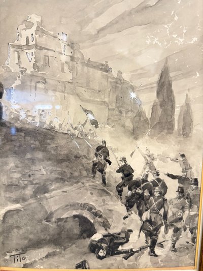 Acquarello Tito Ettore, XIX sec, risorgimento - Assedio Villa del Vascello Roma - 47x38 cm