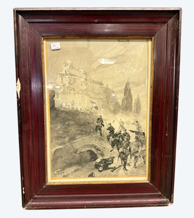 Acquarello Tito Ettore, XIX sec, risorgimento - Assedio Villa del Vascello Roma - 47x38 cm
