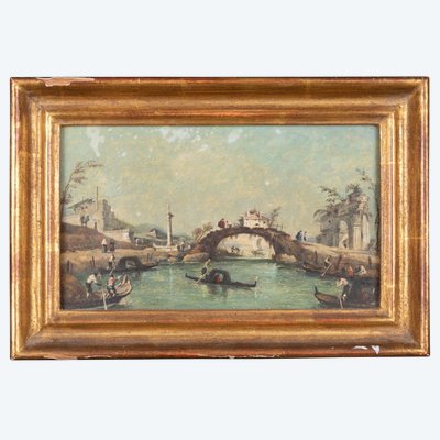 Dans le goût de Francesco Guardi (1712-1793), Gondoles à Venise, huile sur panneau, XVIIIe