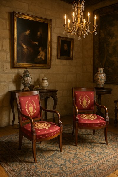 Paire de Fauteuils Empire en Acajou sculpté – Tissu brodé cramoisi – Début XIXe siècle