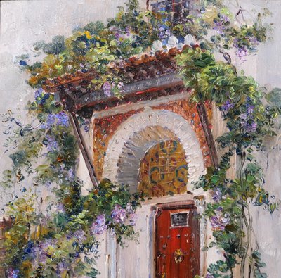 Marius Reynaud 1860-1935 Algérie, Alger, vue d'une porte, tableau, 1910-20 fleurs jardin