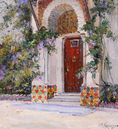 Marius Reynaud 1860-1935 Algérie, Alger, vue d'une porte, tableau, 1910-20 fleurs jardin