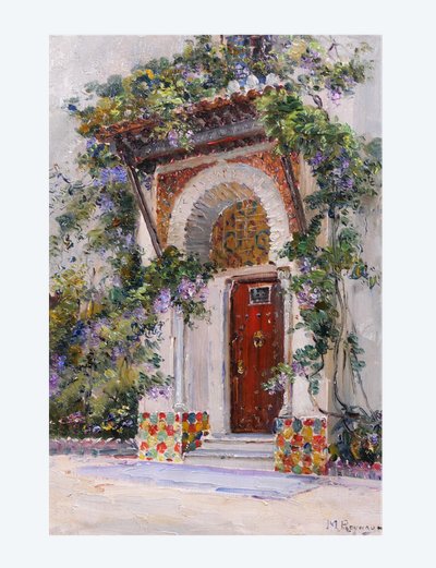Marius Reynaud 1860-1935 Algérie, Alger, vue d'une porte, tableau, 1910-20 fleurs jardin