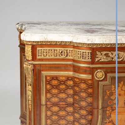 Commode in marquetry of precious woods, gilt bronze and Campan marble, 19th century