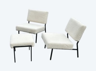 Coppia di sedie e ottomane o tabouret Années 60 Pierre Guariche - Poltrone
