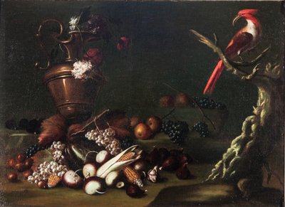 Carlo Antonio Crespi, "Stilleben mit Obst, einer Amphore und einem Papagei".