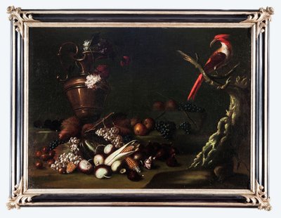 Carlo Antonio Crespi, "Stilleben mit Obst, einer Amphore und einem Papagei".