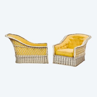 Maison & Jardin , Coppia di chaise longue originali in vimini laccato 1950/1960 circa