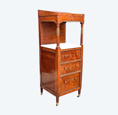 MEUBLE COIFFEUSE /BARBIERE EN ACAJOU XIXe AVEC DESSUS CUIR DECOUVRANT UN MIROIR