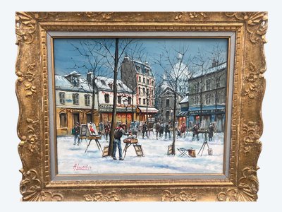 Gemälde Armand LOURENCO 1925-2004 Place du Tertre in Paris im Schnee Montmartre Peintres au cheva