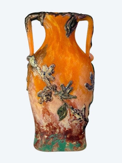 DAUM NANCY / VASE IN ORANGE GLASS PASTE WITH LEAF DECOR 17CM HIGH